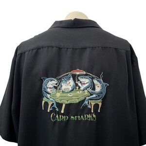 Vintage Sharks Playing Cards Embroidered Button-Up Shirt Black Weekender Men XL